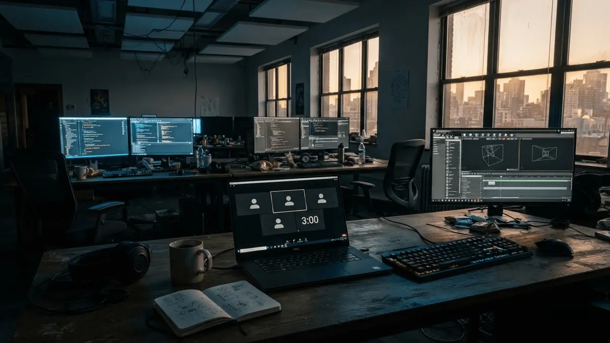Empty gaming studio workspace with abandoned workstations and laptop showing video call timer