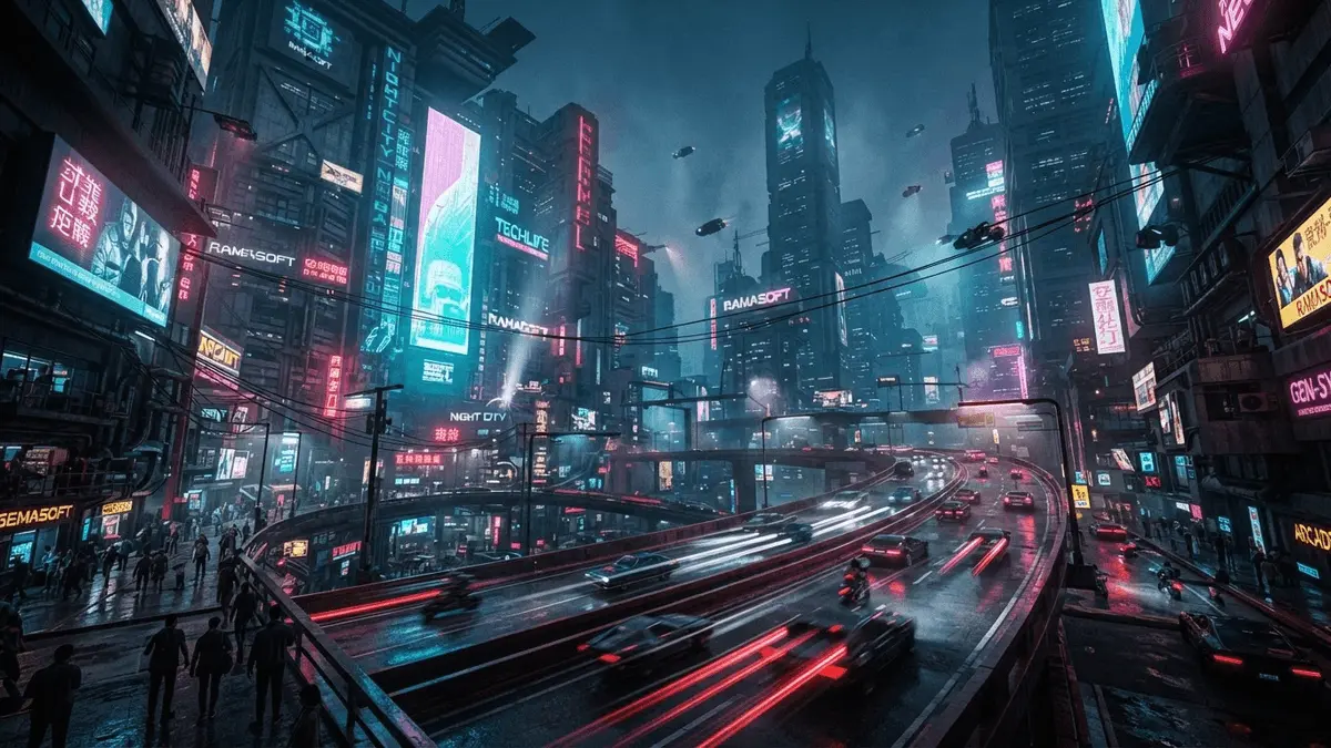 Night City skyline with neon-lit megabuildings and futuristic traffic in Cyberpunk 2077