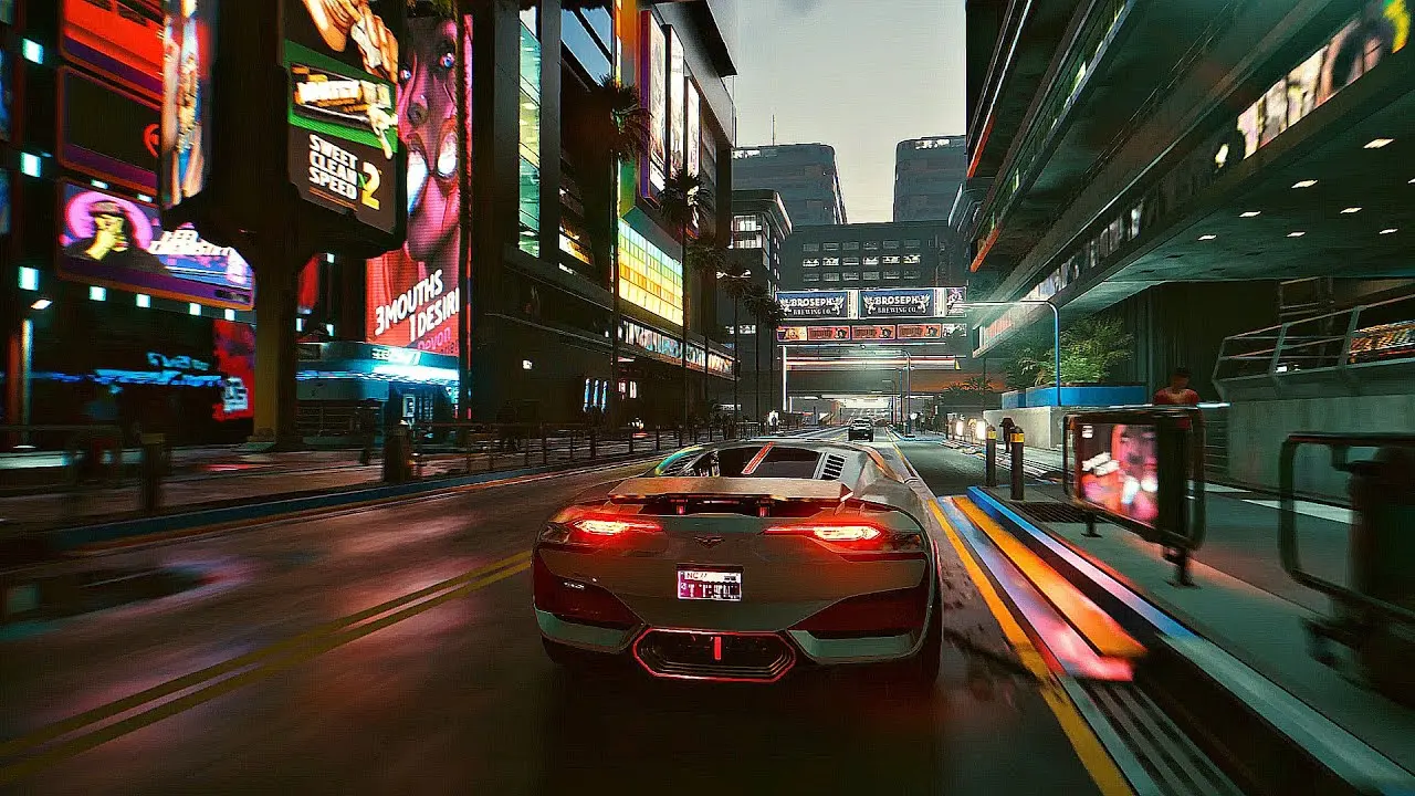 A sleek sports car driving through the neon-lit streets of Night City.