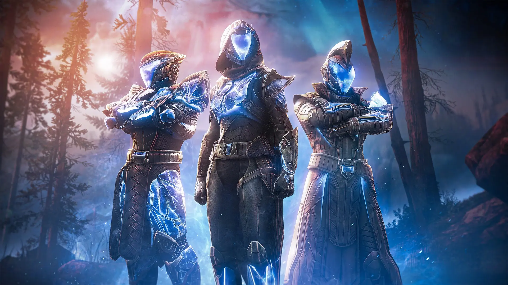 Three Destiny 2 characters in icy armor standing in a forest.