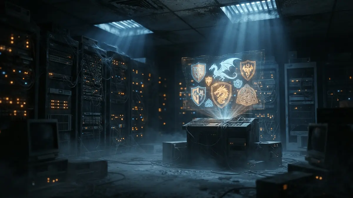 Vintage server hardware with holographic Dragon Age fantasy symbols illuminated in atmospheric lighting