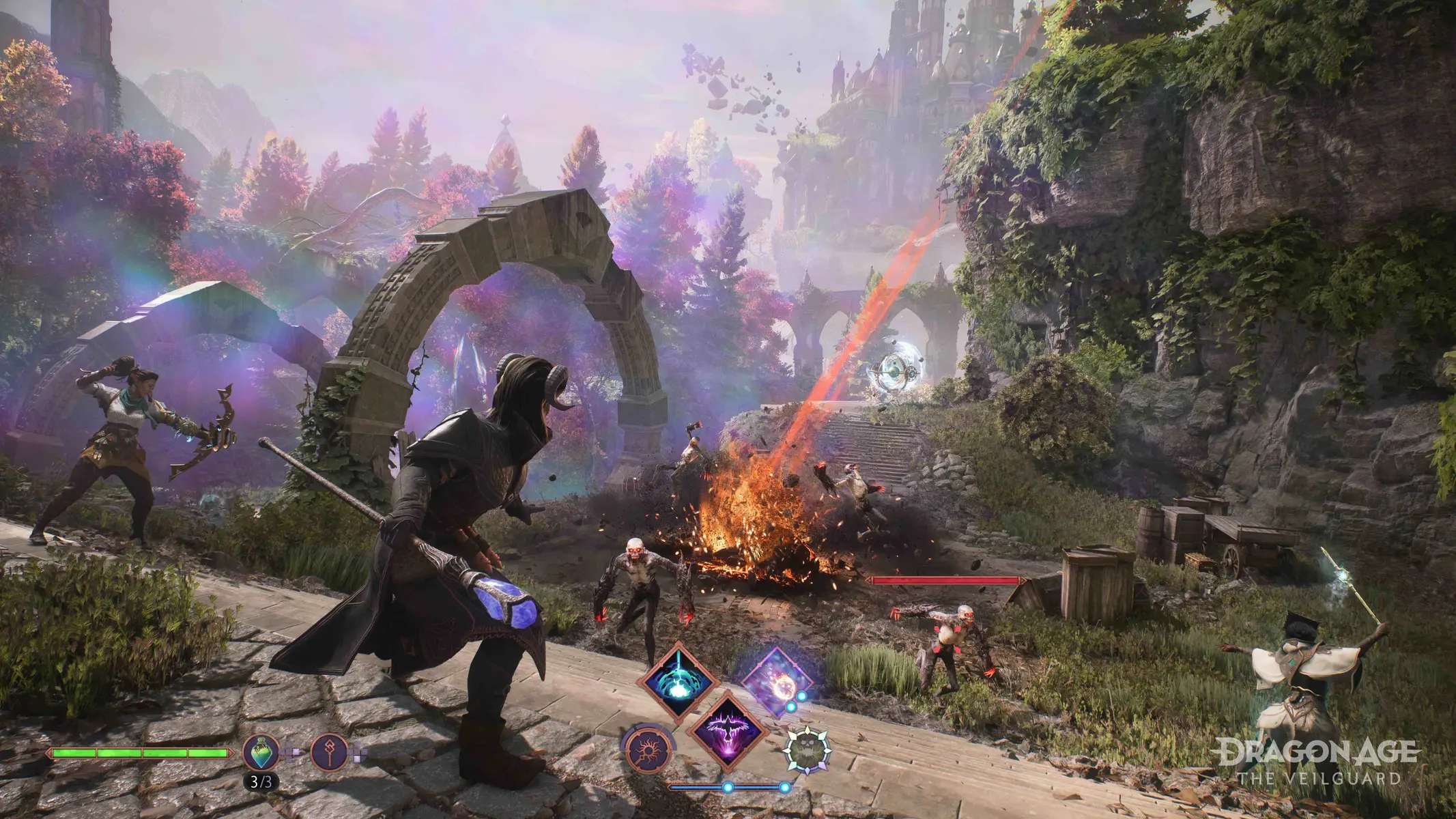 Gameplay screenshot of Dragon Age: The Veilguard showing a character using magic in a lush fantasy landscape