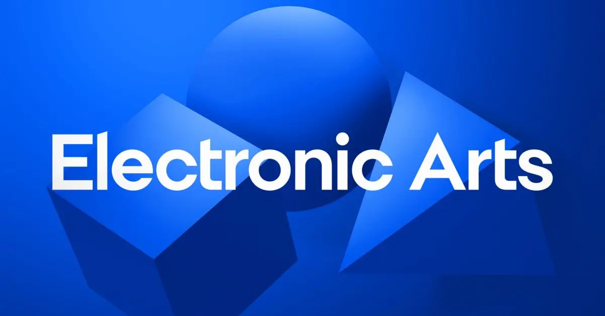 Electronic Arts logo on a blue background with geometric shapes.