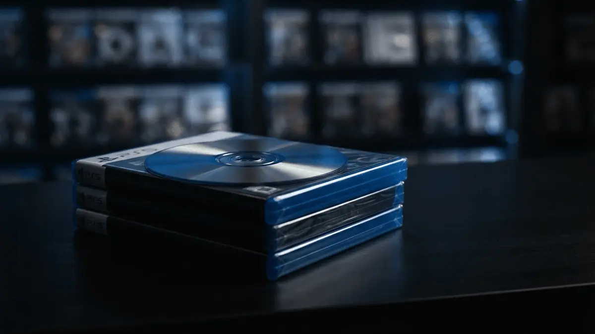 PlayStation 5 game disc on physical game cases highlighting UK retail market