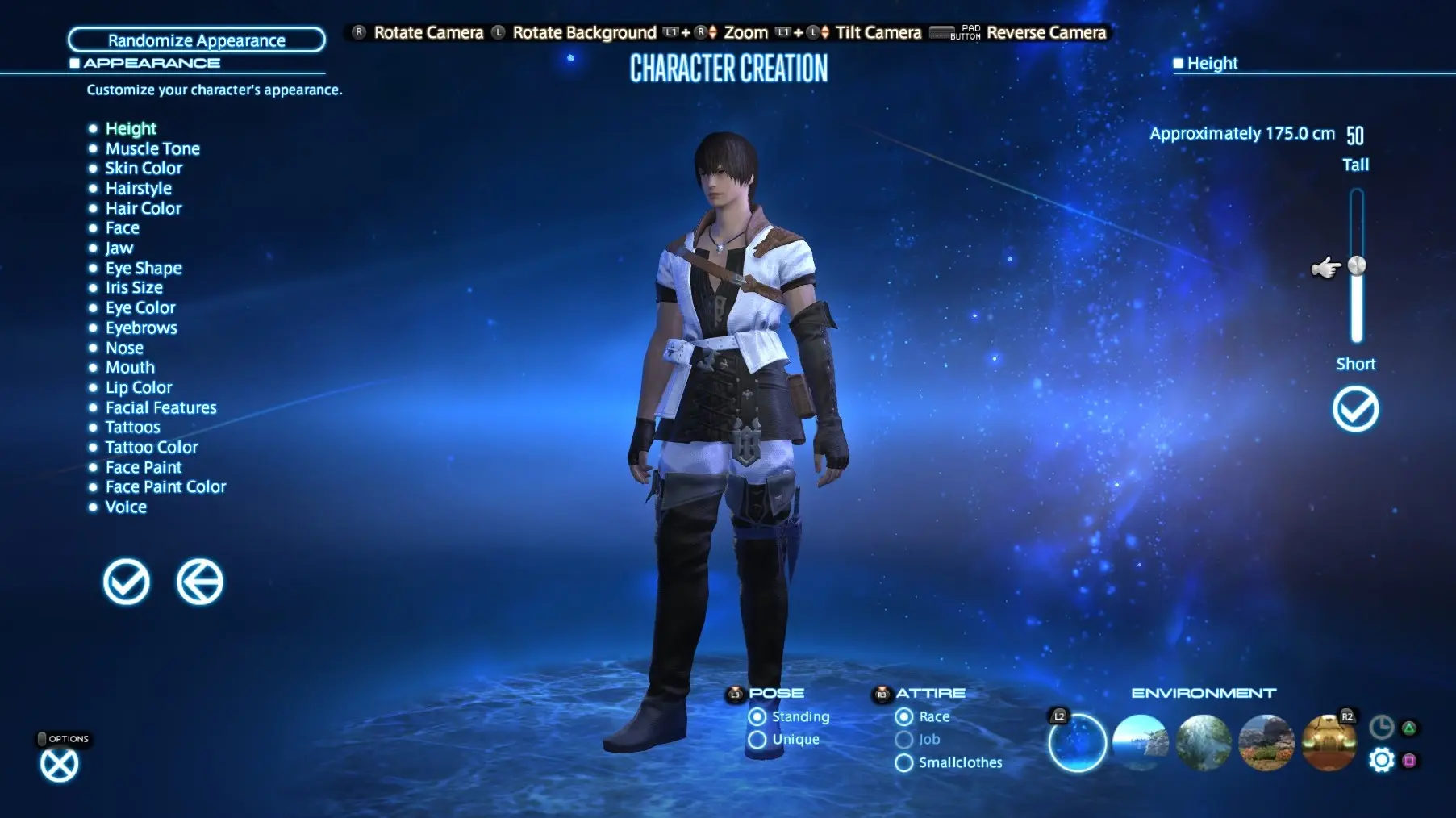 Character creation screen in Final Fantasy XIV showing a male character and customization options menu