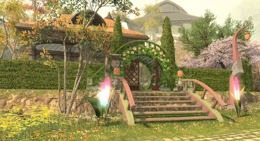 An ornate FFXIV player house exterior featuring a flower archway, wooden stairs, and lush gardens.