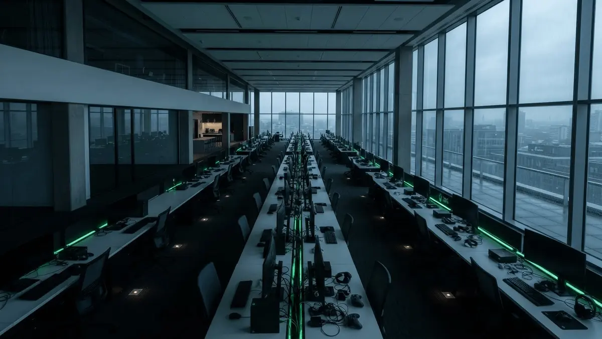 Empty modern office space with vacant workstations representing Xbox studio layoffs and restructuring