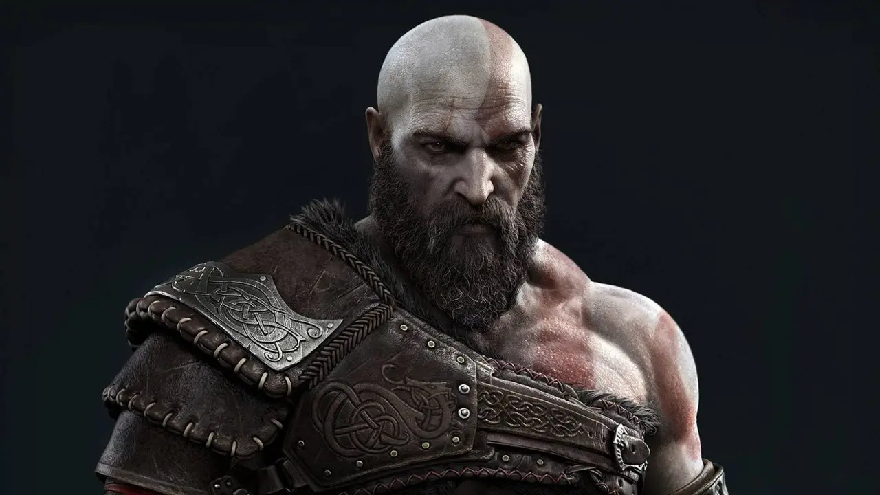 Close-up portrait of Kratos from God of War featuring his bald head, red tattoo, and full beard