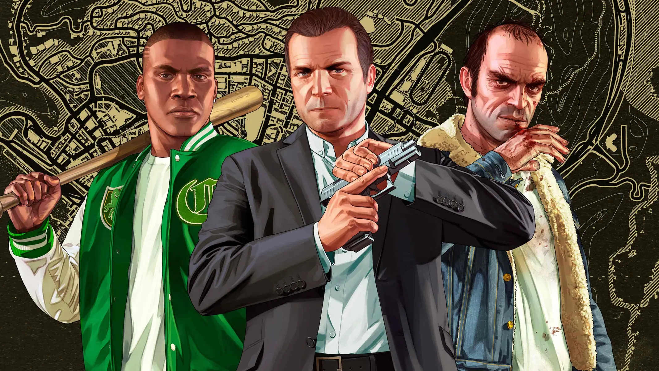 Three characters from GTA Online, with weapons and a city map background.