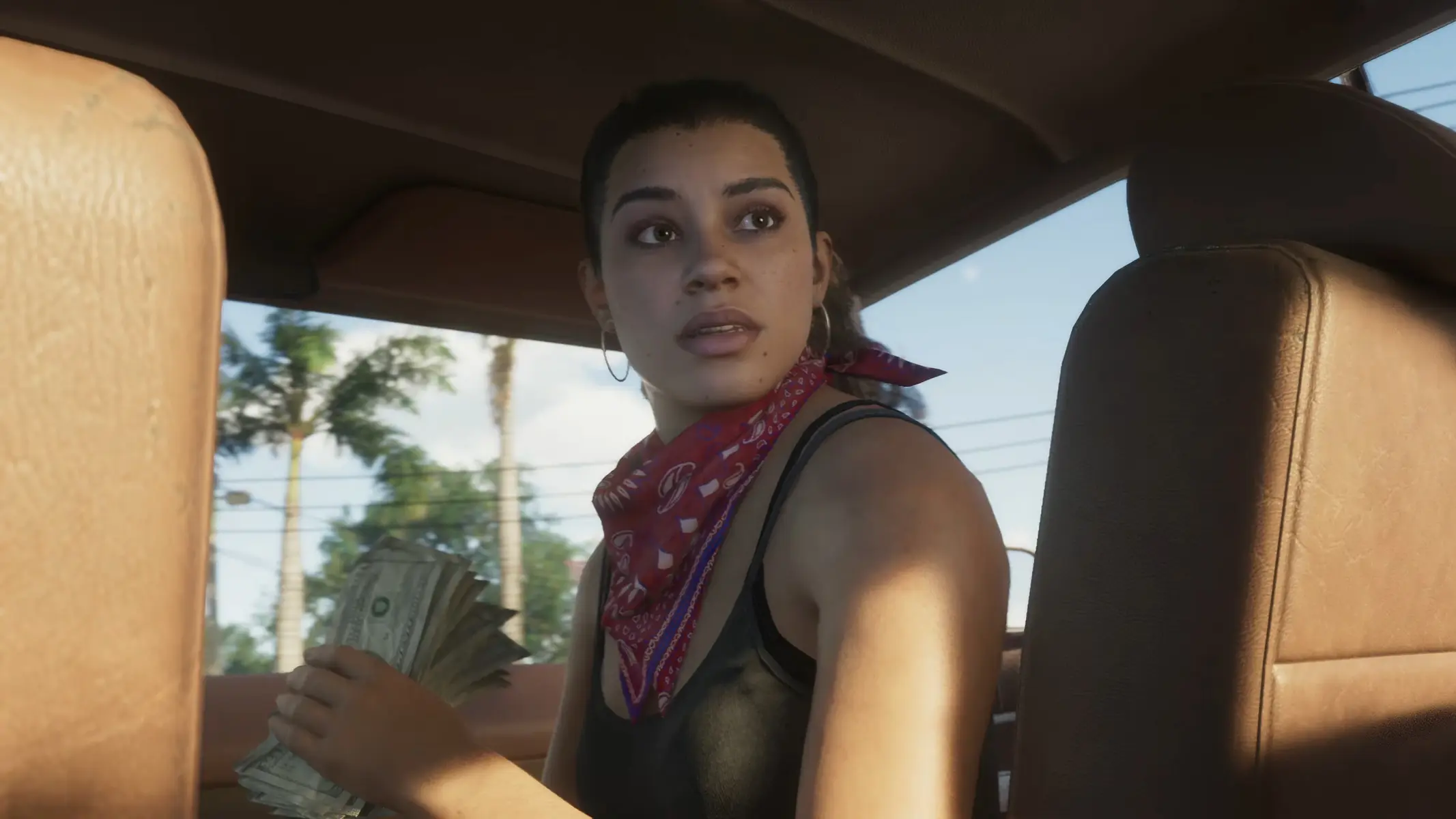 Character Lucia in the car holding cash, set in a vibrant scene.