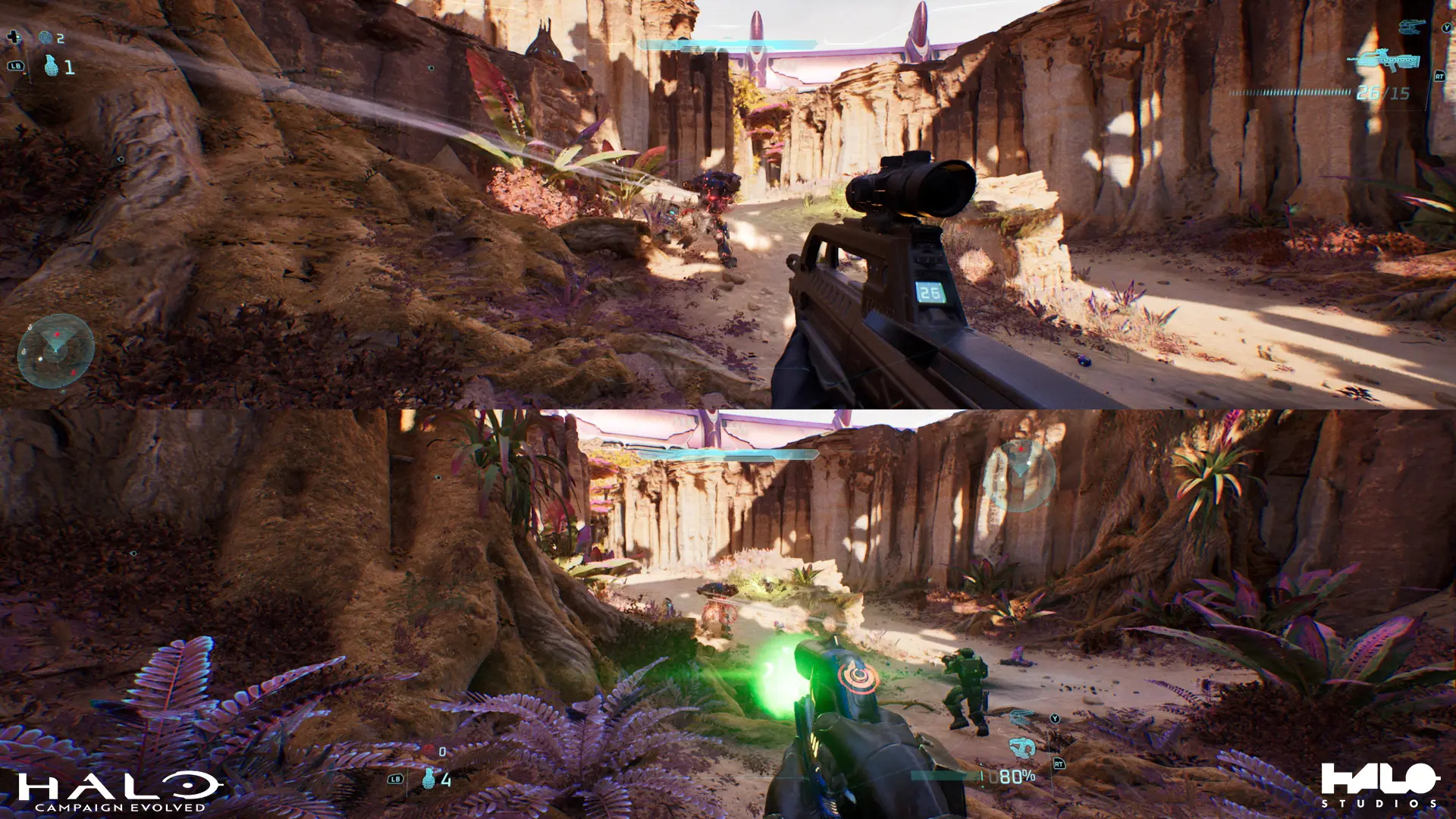 Gameplay screenshot from Halo Campaign Evolved showing vibrant environments and players.