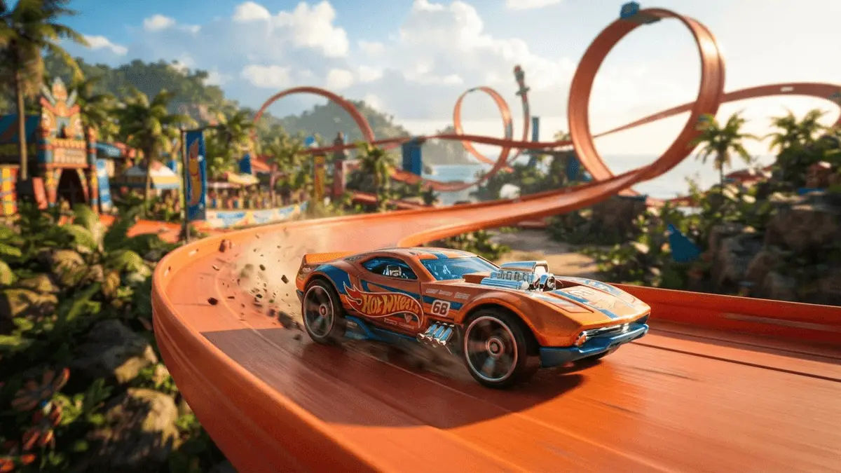 Hot Wheels racing car drifting on vibrant island track in Infinite Rush game