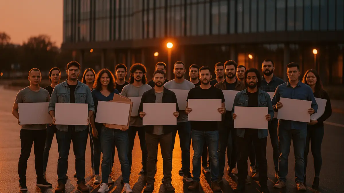 Game developers standing in solidarity outside modern office building during labor protest