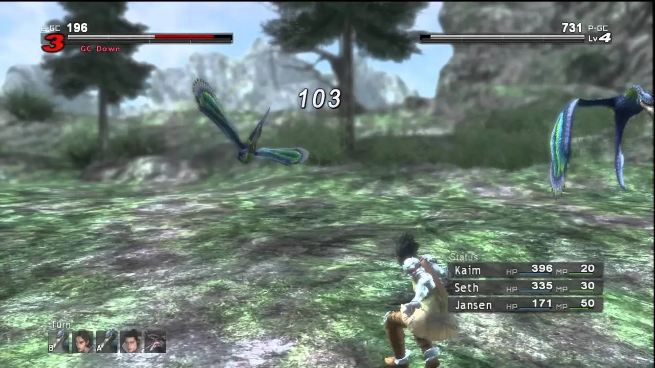 Gameplay screenshot of Lost Odyssey showing a battle against avian creatures in a grassy field