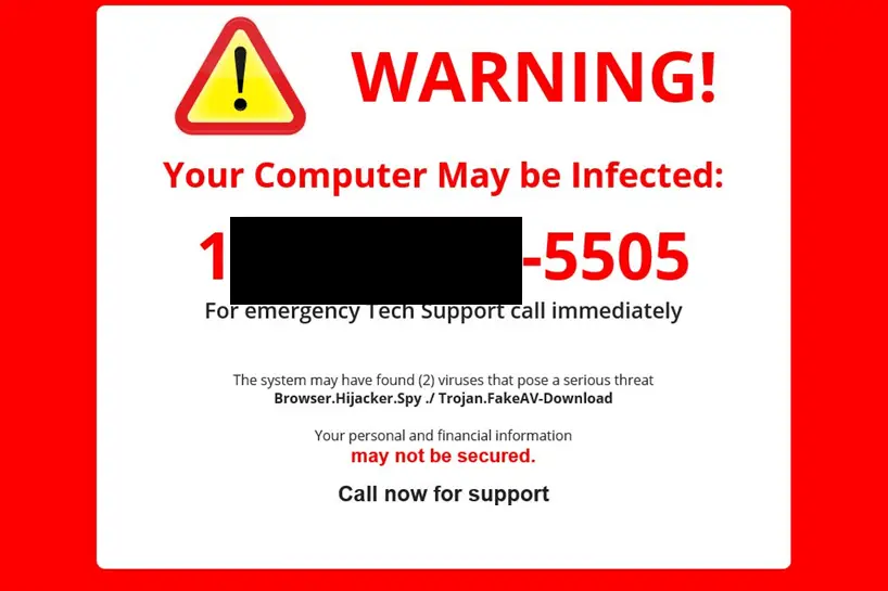 A fake malware security warning screen with a red border, warning triangle, and a tech support phone number