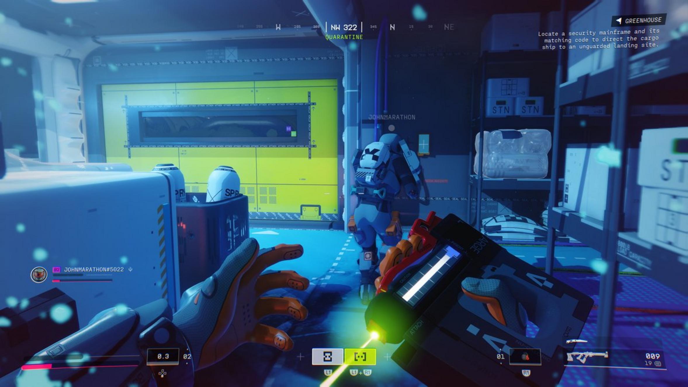 In-game screenshot showing a character in a quarantine area with futuristic equipment.