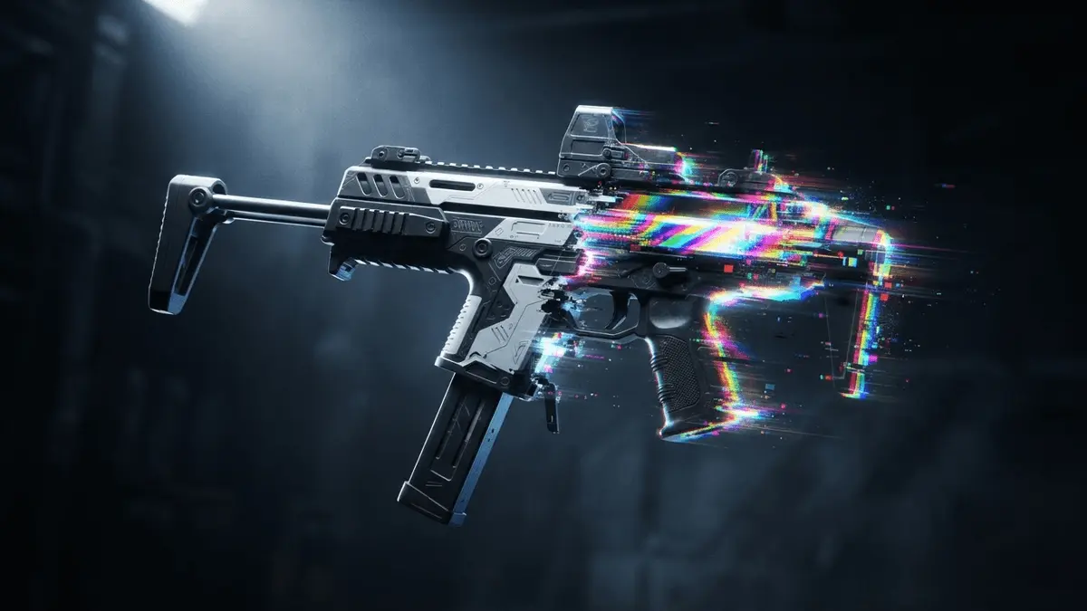 Futuristic weapon half normal, half glitching with rainbow RGB color cycling effects