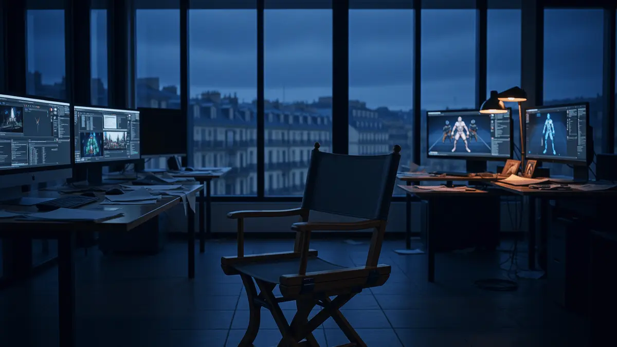 Empty game development studio office with glowing monitors in dark moody lighting representing Arkane Lyon uncertainty