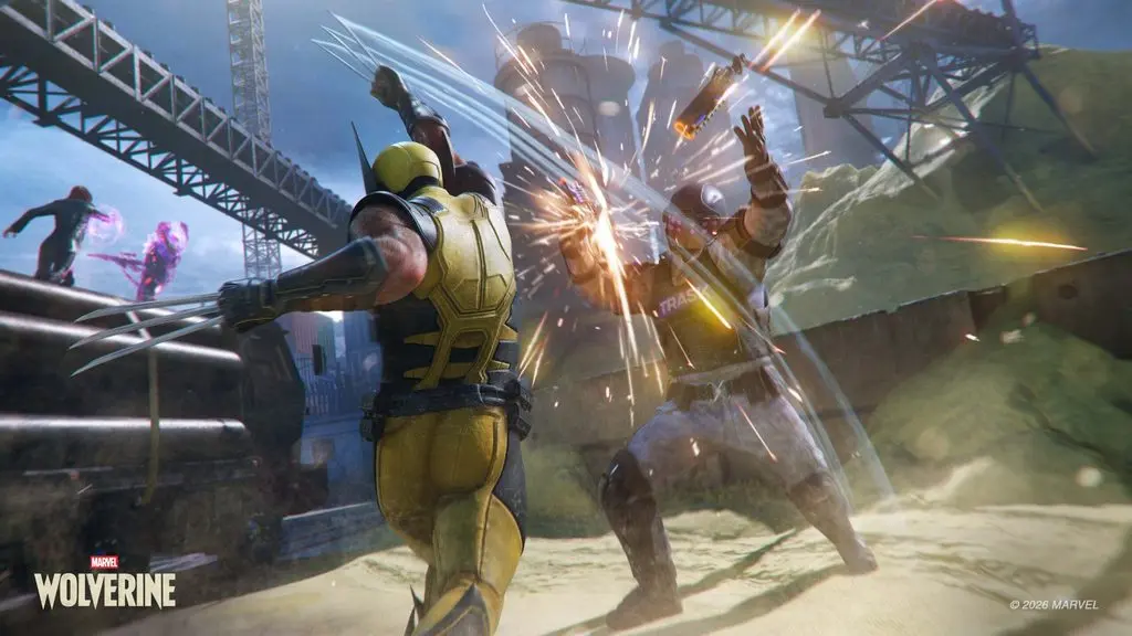 Wolverine in a yellow suit attacking an enemy with his adamantium claws in a dynamic combat scene.