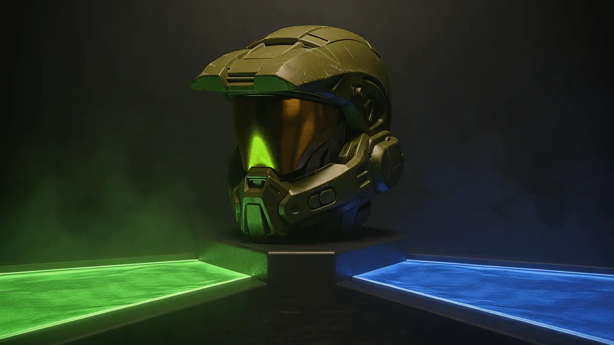 Master Chief helmet at crossroads between Xbox green and PlayStation blue lighting paths