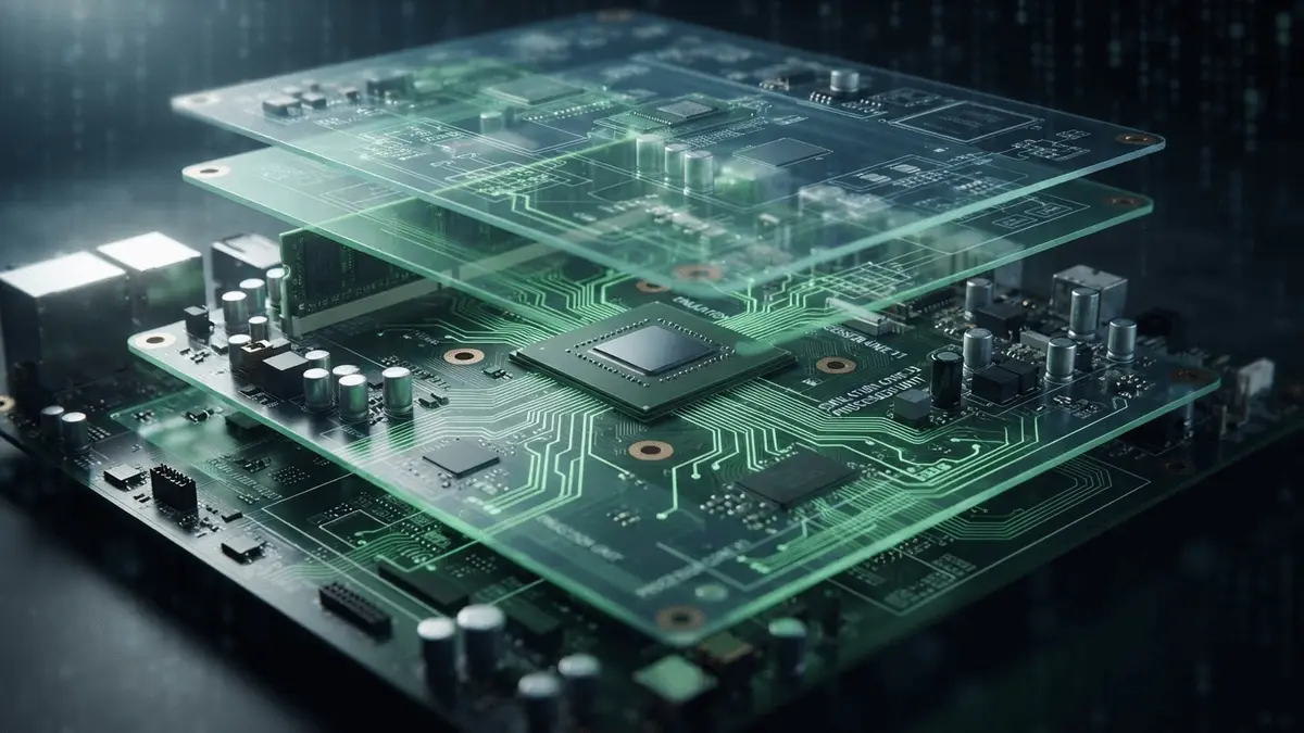 Xbox 360 console motherboard with glowing circuits showing emulation architecture layers