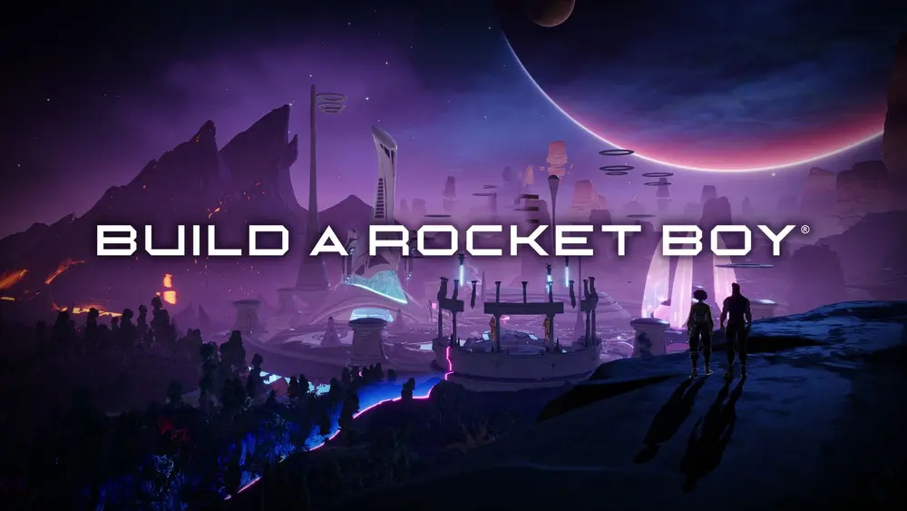 Futuristic landscape with characters, featuring 'Build A Rocket Boy' logo.