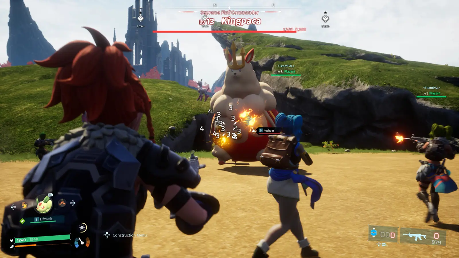 In-game screenshot from Palworld showing players battling a giant creature.