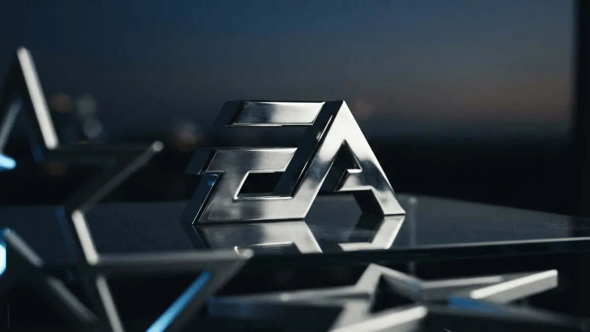 Electronic Arts logo with European Union regulatory elements in dramatic corporate lighting