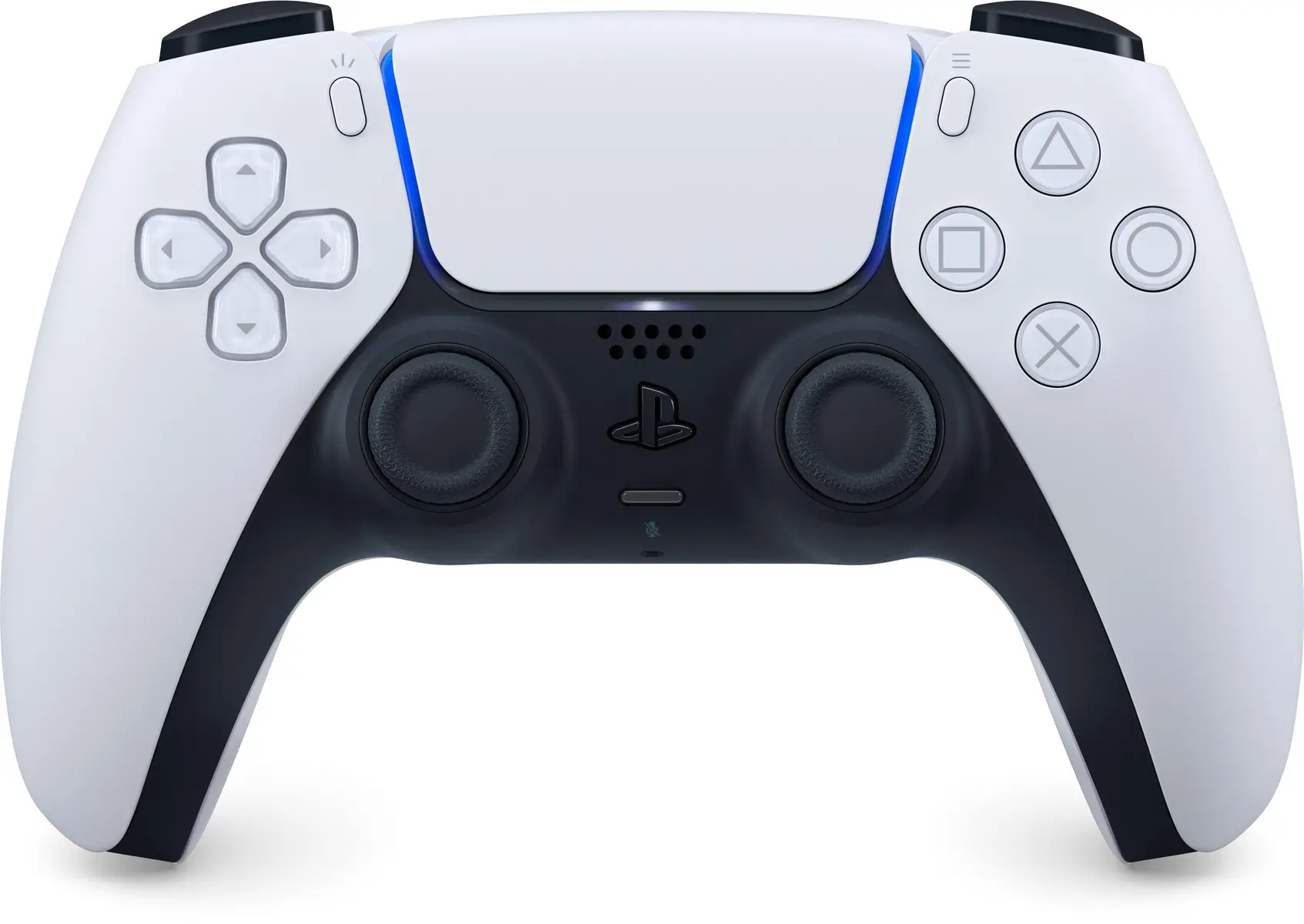 Close-up of a PlayStation 5 DualSense controller showing buttons and design.