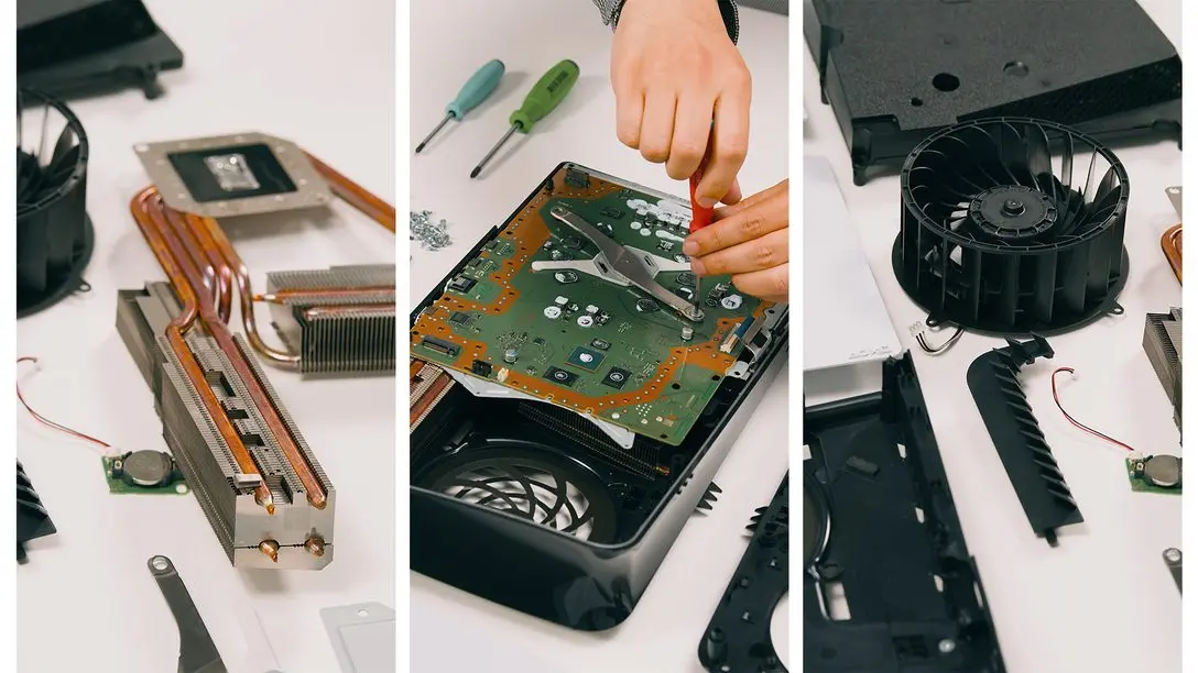 Triptych showing a PlayStation 5 console being disassembled with tools and internal cooling components exposed