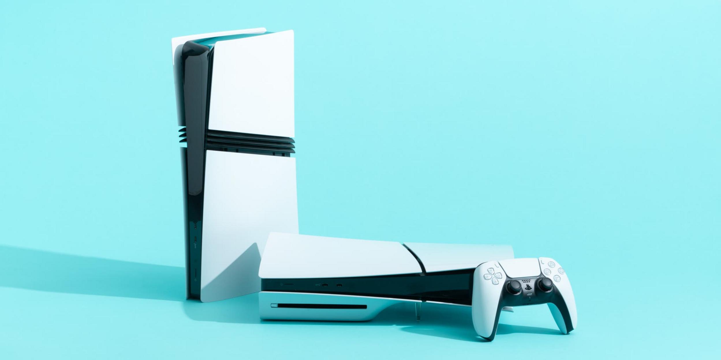 PlayStation 5 console and controller against a turquoise background.