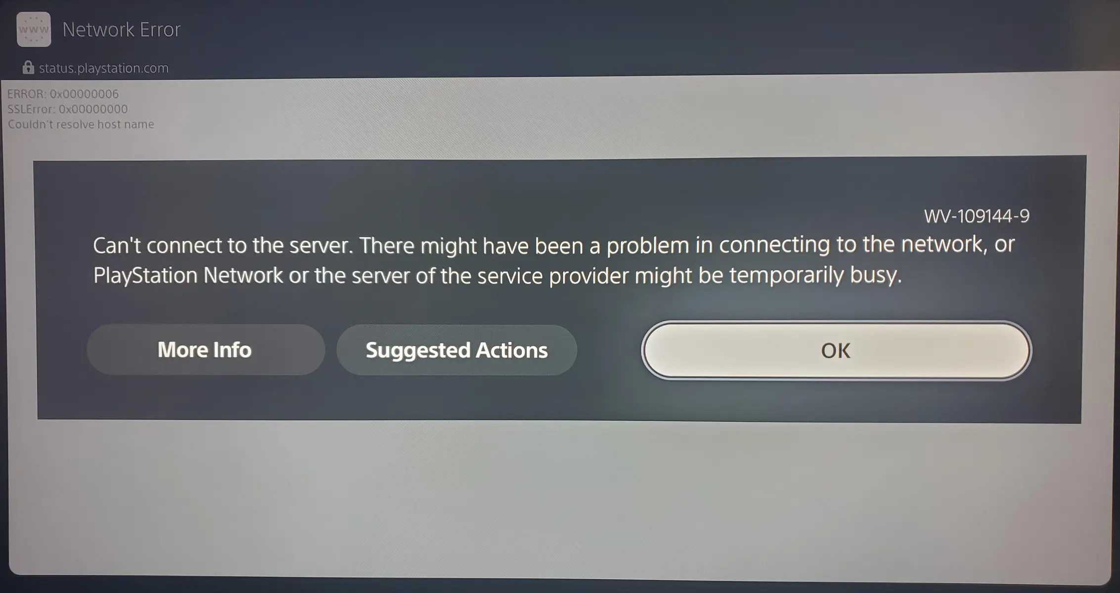 PlayStation 5 network error screen showing error code WV-109144-9 and server connection failure message