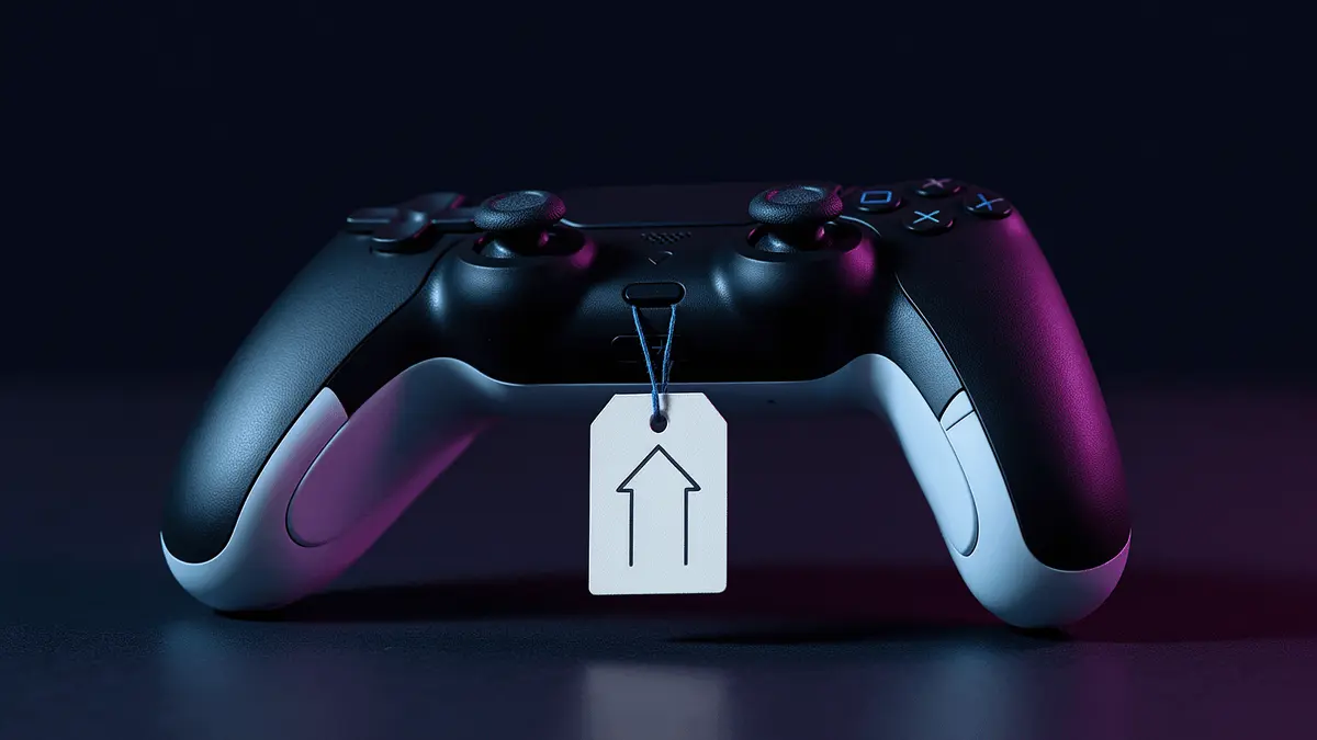 PlayStation DualSense controller with price tag showing upward arrow in moody blue lighting
