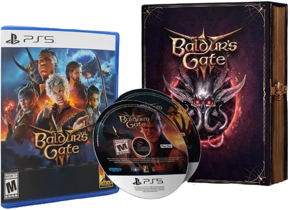 Baldur's Gate III PS5 game disc and box art displayed together.