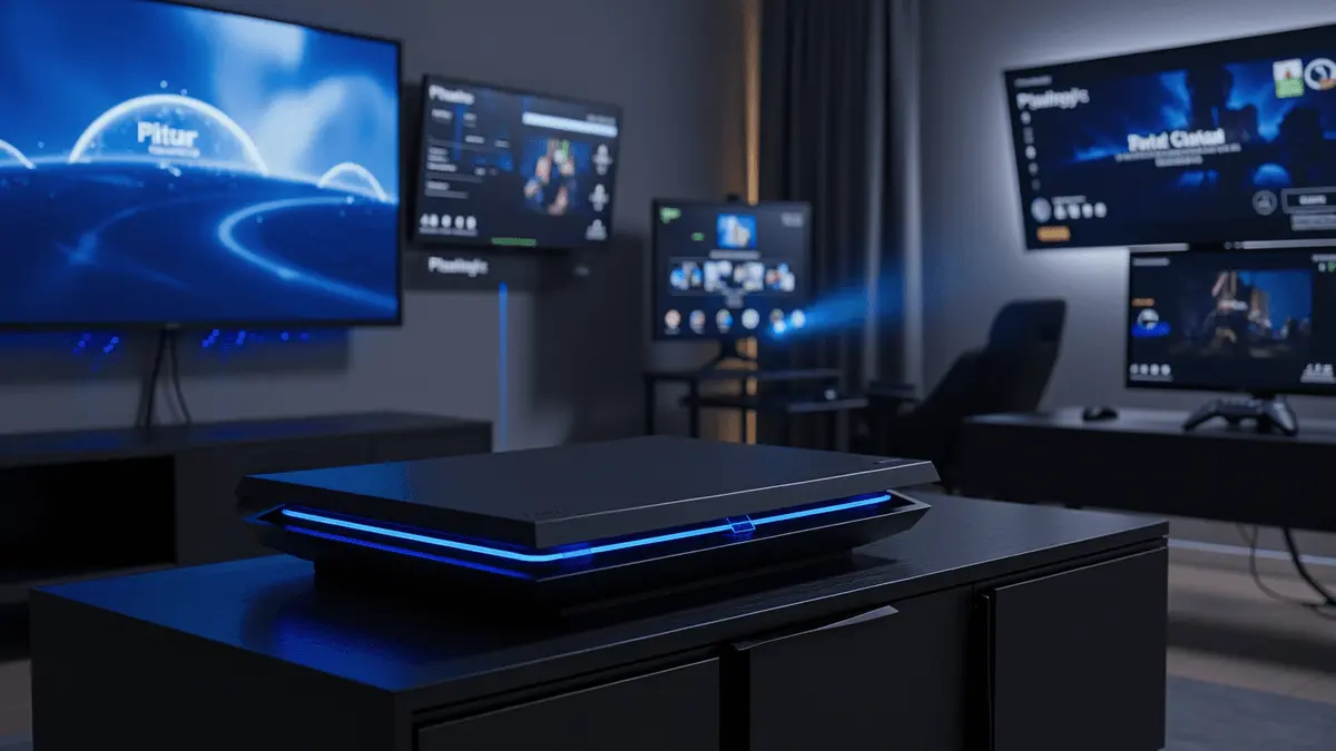 PlayStation console in modern gaming setup with multiple screens showing ecosystem flexibility