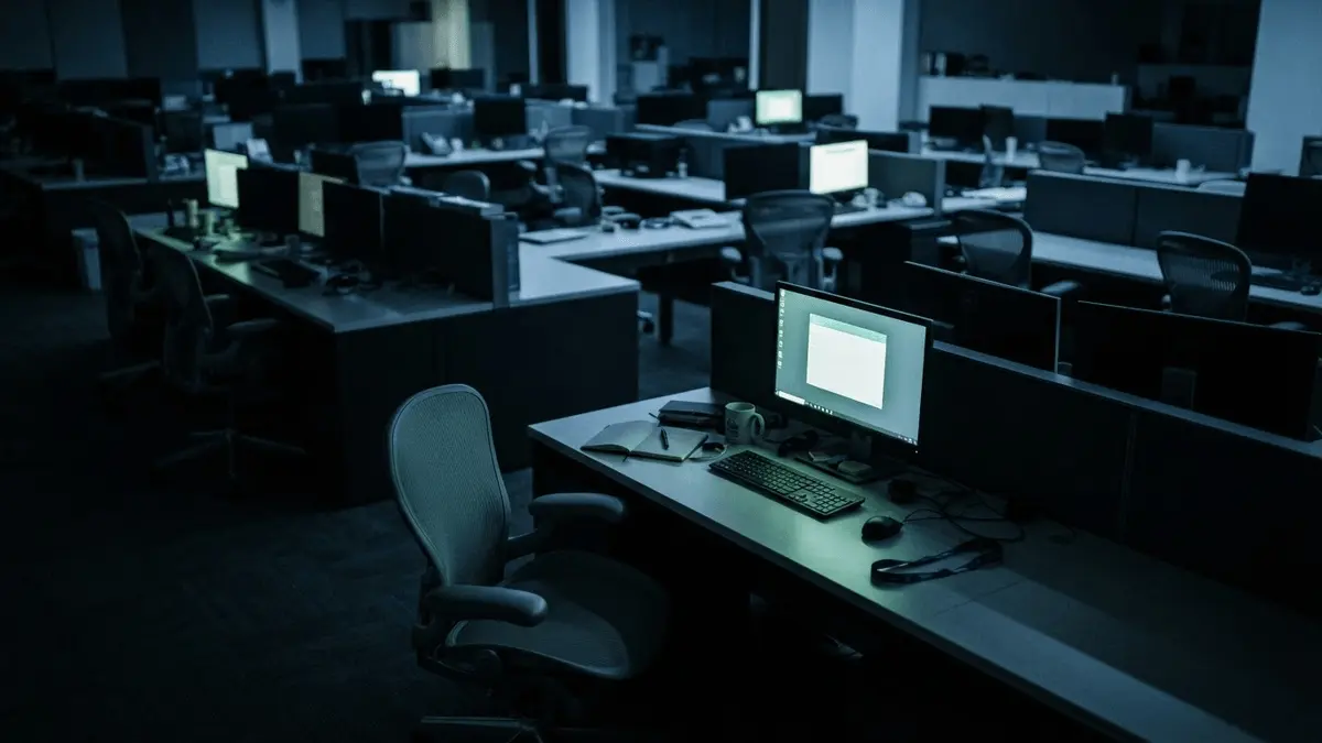 Empty office desks with Xbox-themed workspace representing Microsoft Gaming layoffs and restructuring