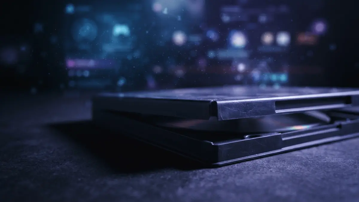 PlayStation disc case with digital interface elements fading in background
