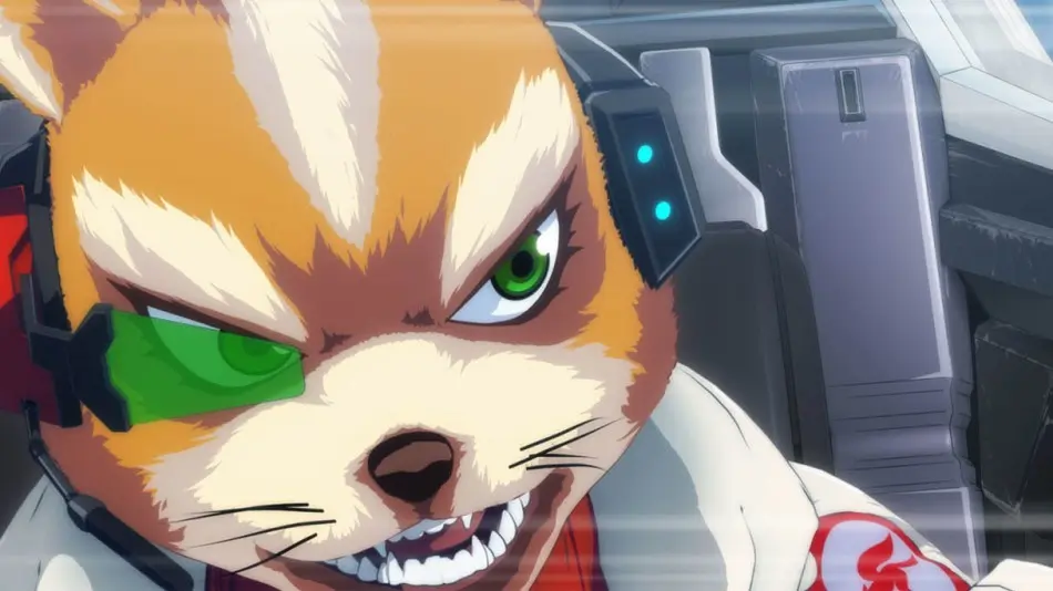 Close-up of Fox McCloud from Star Fox Zero wearing a green holographic eyepiece and headset