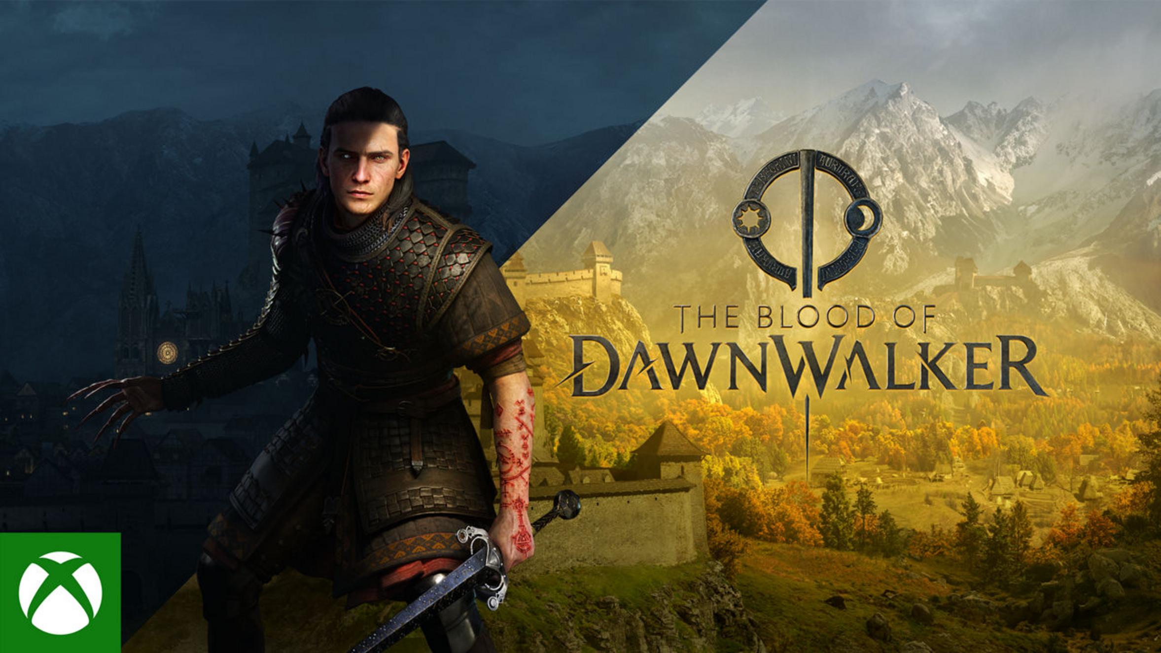 Game character with sword in armor against a fantasy landscape background.