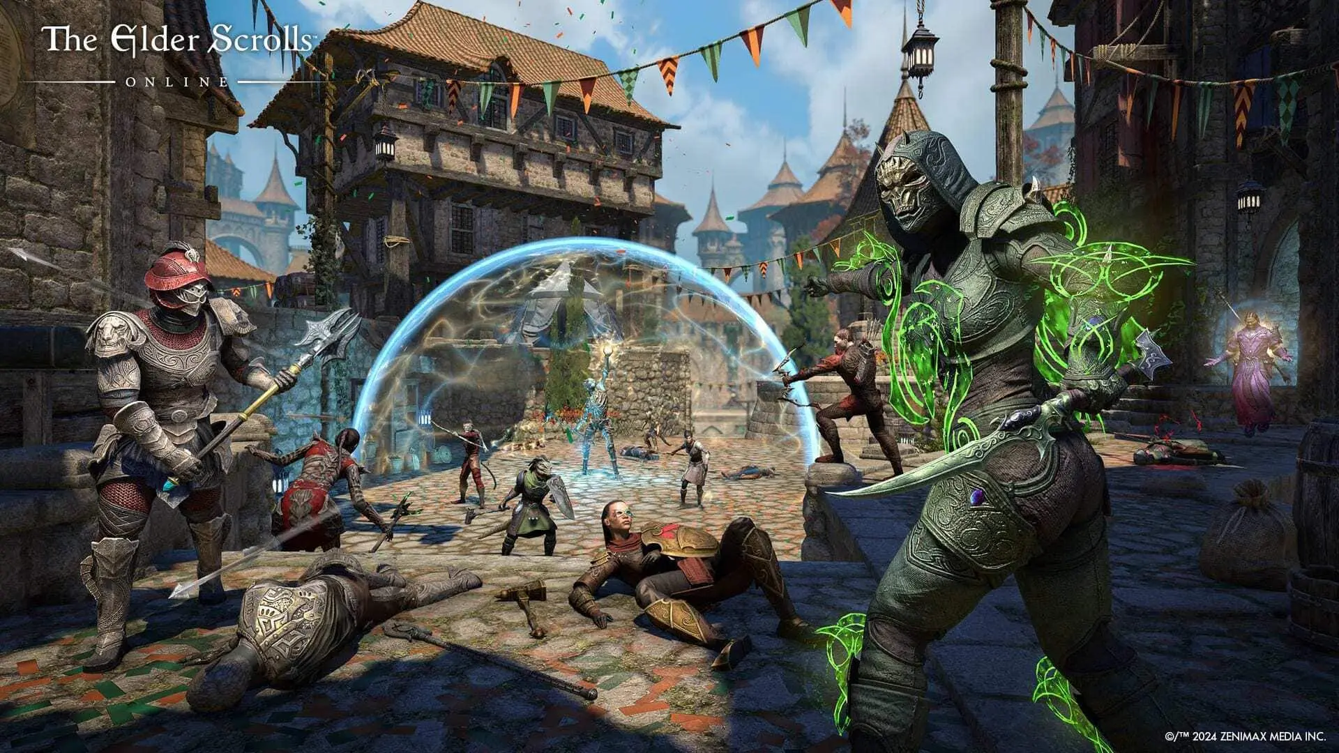 A vibrant scene from The Elder Scrolls Online showcasing combat in a medieval setting.