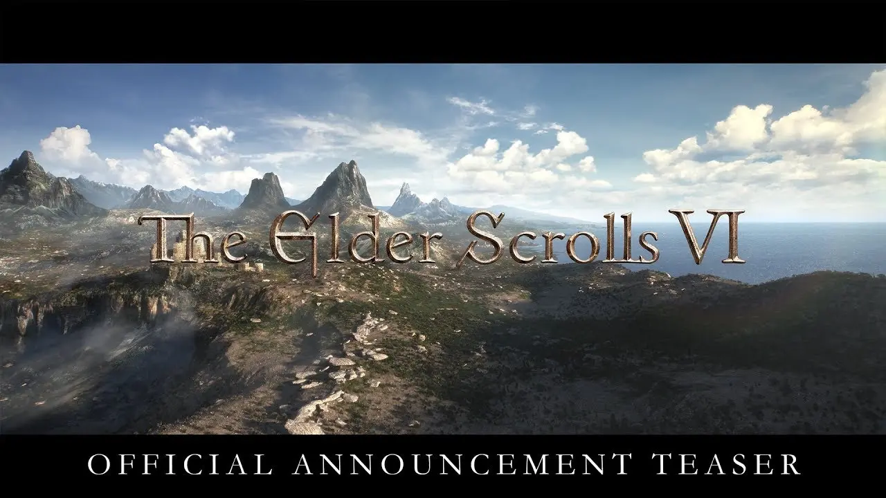 Teaser logo for The Elder Scrolls VI over a scenic landscape background.
