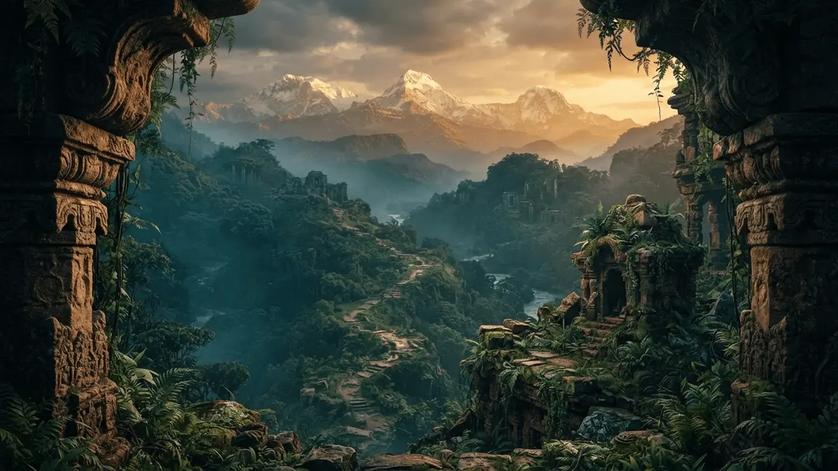 Ancient temple ruins in Northern India mountains with jungle vegetation and dramatic golden hour lighting