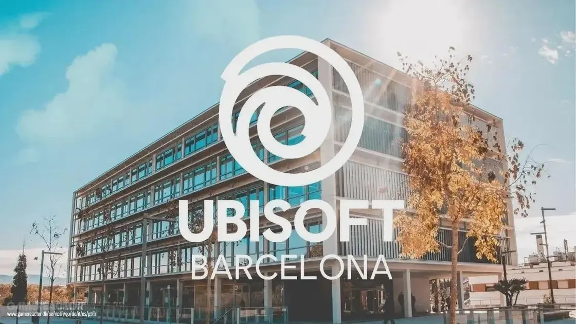 Exterior view of the Ubisoft Barcelona office building with logo.