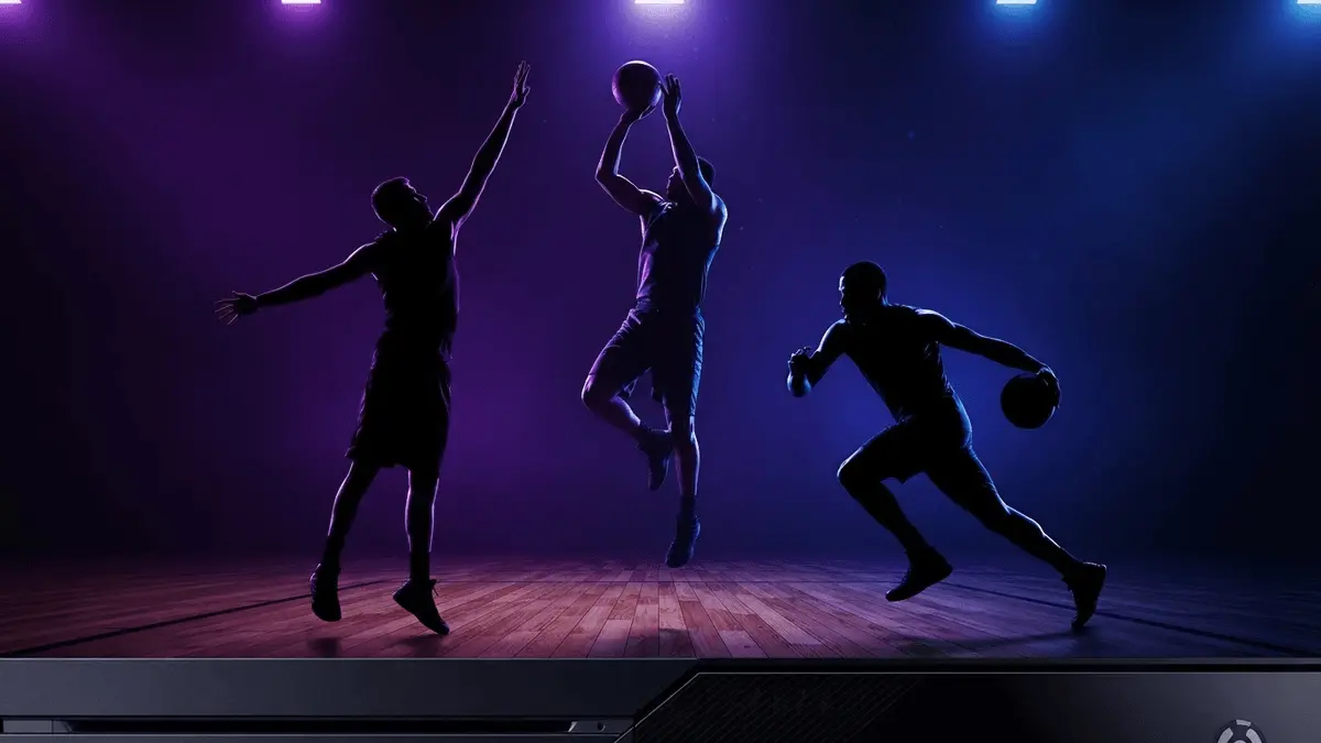 Three basketball player silhouettes in dramatic poses with purple and blue lighting and PS5 elements