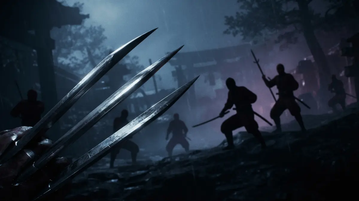 Wolverine's adamantium claws extended with silhouetted Hand ninjas in atmospheric combat scene