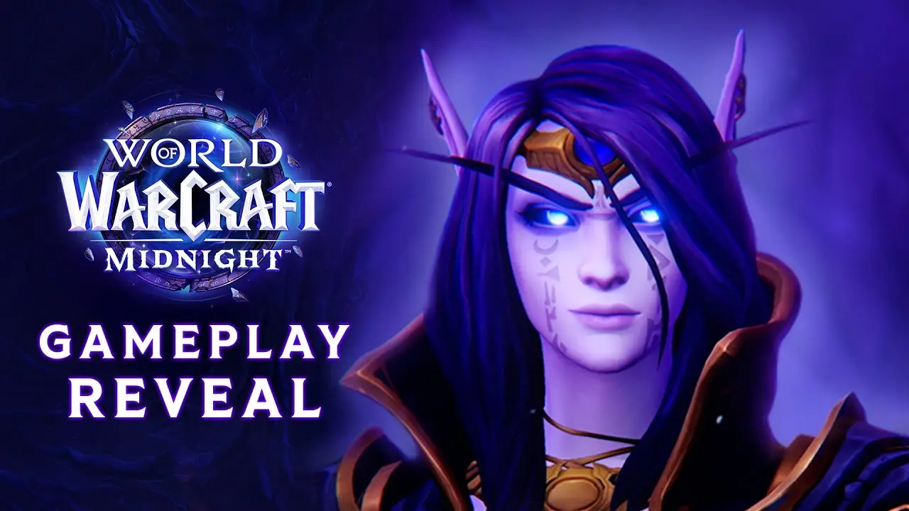 World of Warcraft Midnight gameplay reveal graphic featuring a Void Elf character with glowing blue eyes