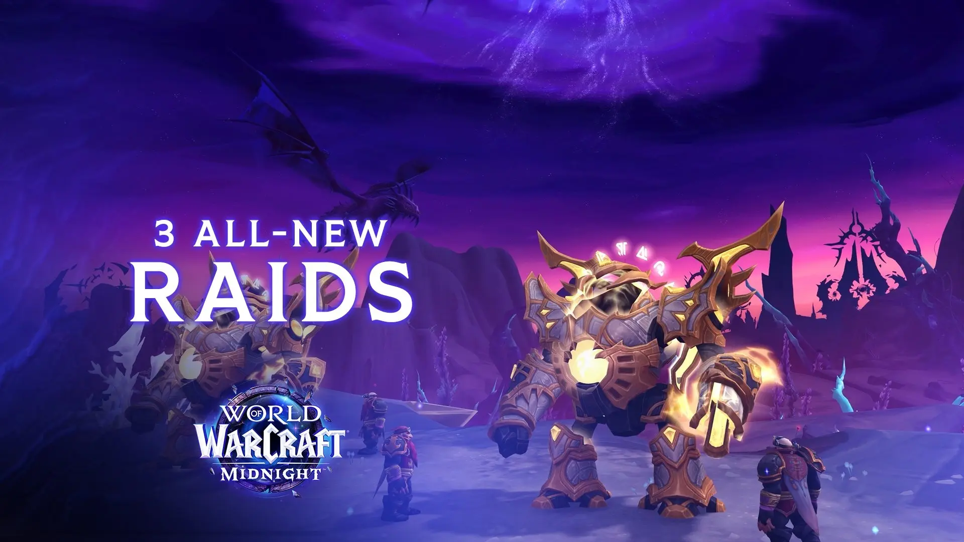 World of Warcraft Midnight promotional art featuring a massive armored boss under a purple void sky