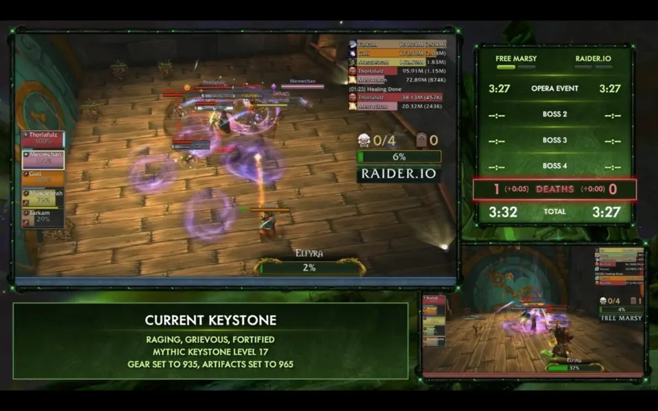 Gameplay screenshot from World of Warcraft Mythic Plus featuring players in combat.