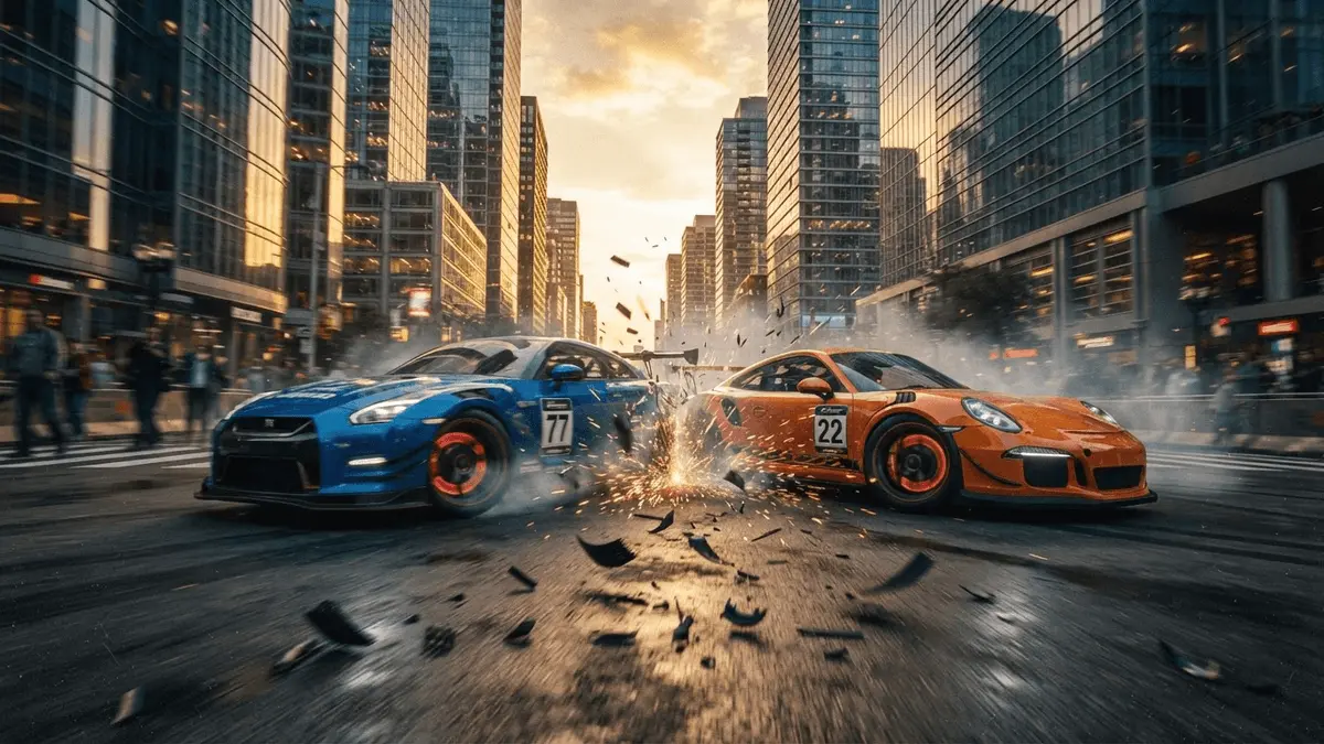 High-speed arcade racing cars colliding in urban cityscape with motion blur and dramatic lighting