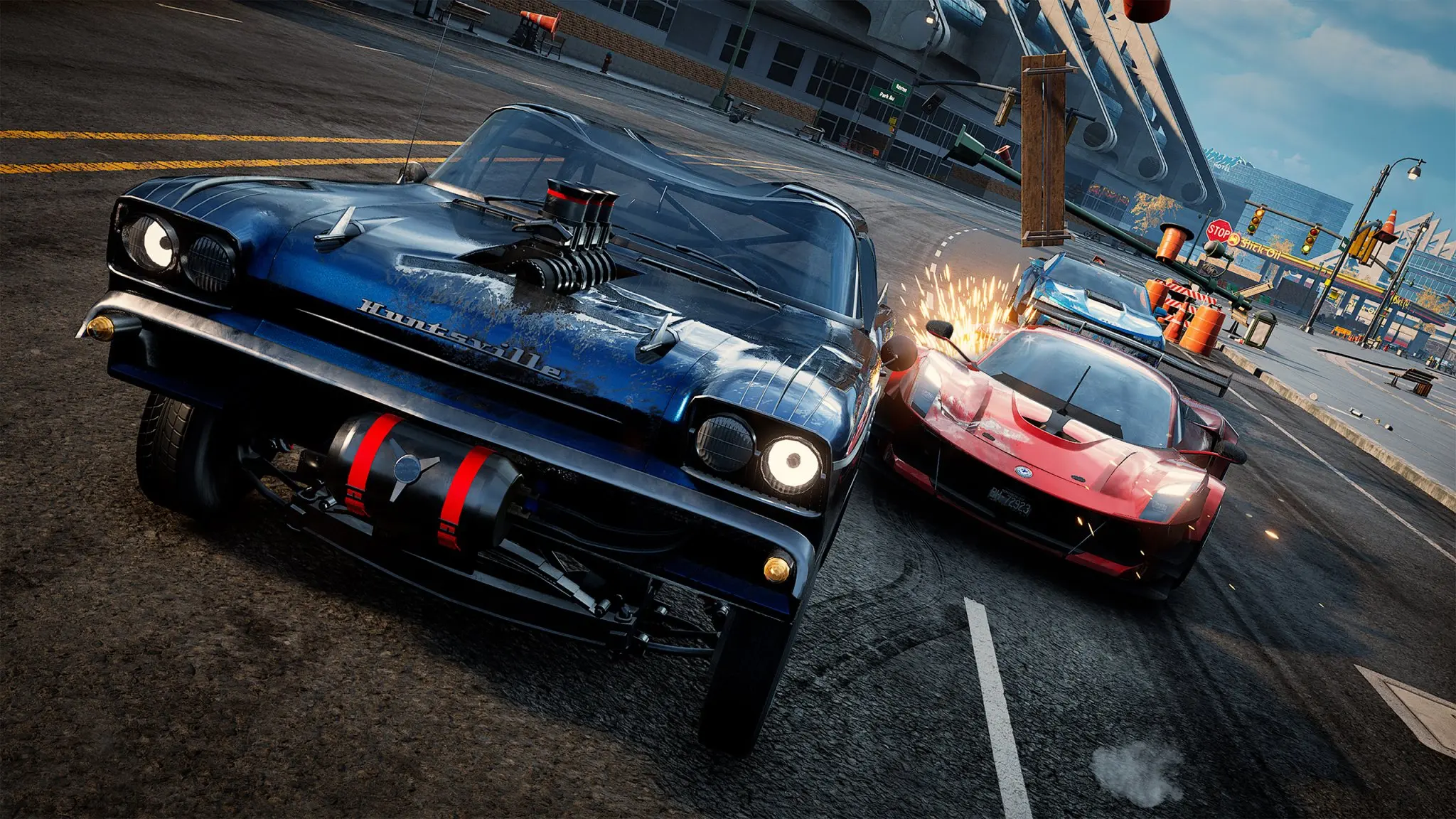 Dynamic arcade racing scene featuring a blue and red car colliding on a street.
